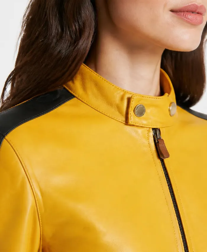 Balenciaga Yellow Cropped Leather Jacket Women