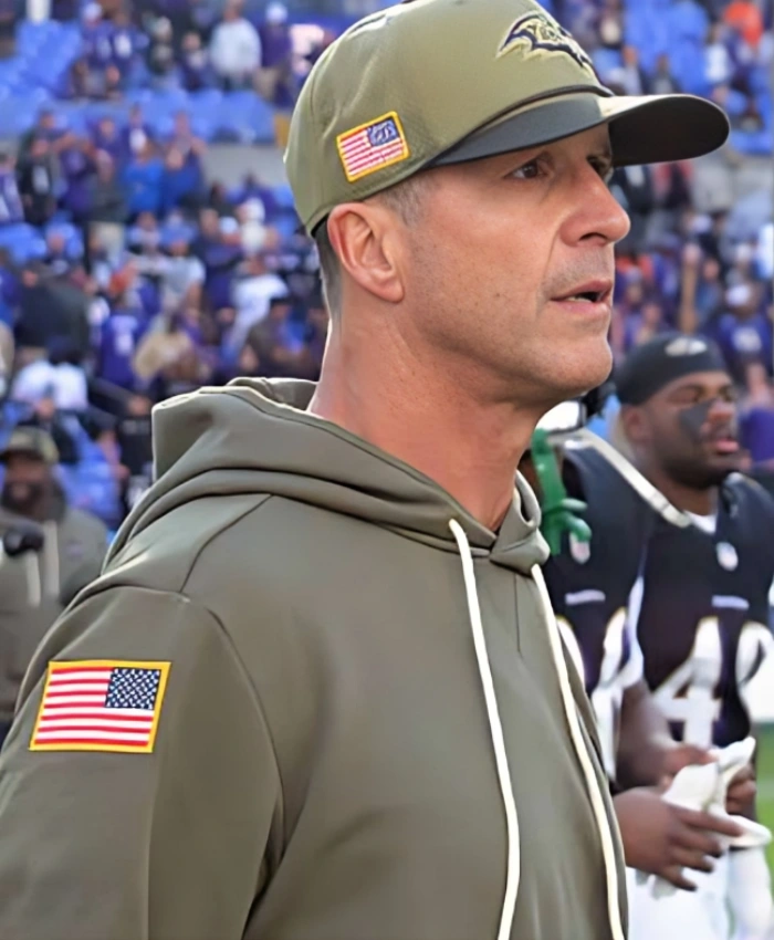 Baltimore Ravens 2025 John Harbaugh Salute To Service Green Hoodie