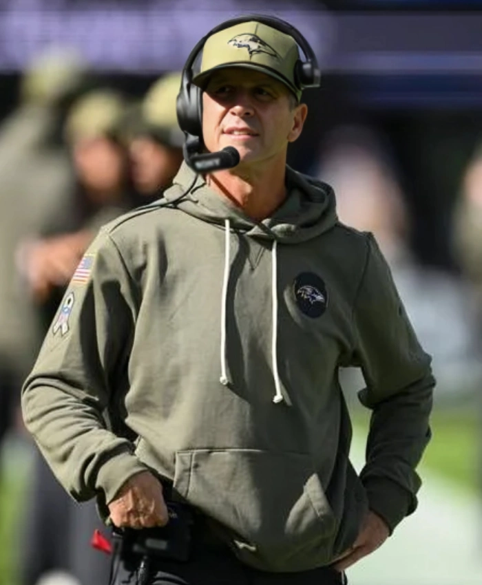 Baltimore Ravens 2025 John Harbaugh Salute To Service Hoodie