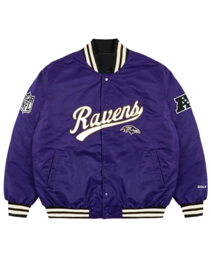Baltimore Ravens Golf Wang 2025 Purple Satin Full Snap Bomber Jacket