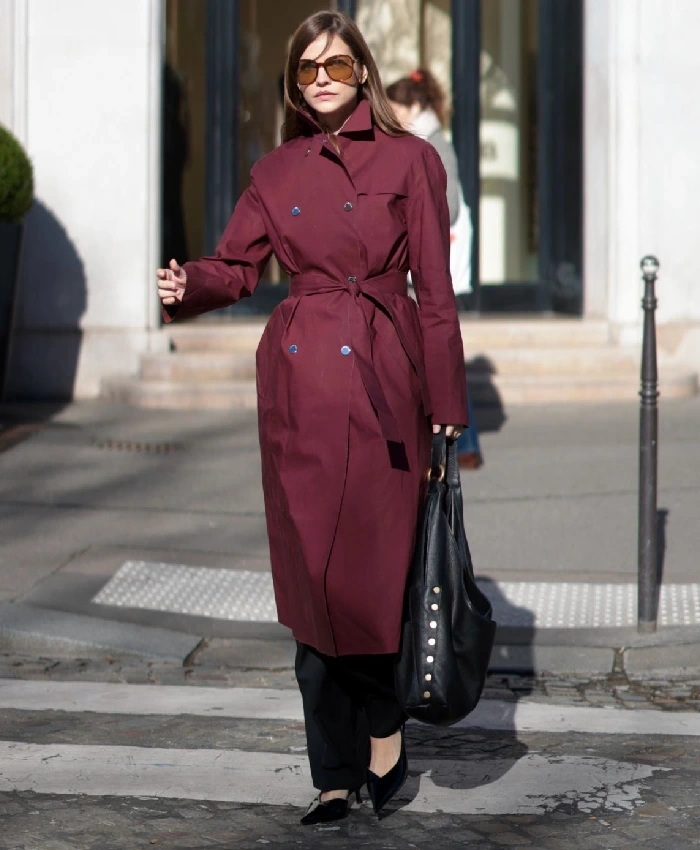 Barbara Palvin Burgundy Belted Coat - Image 3