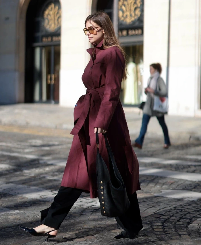 Barbara Palvin Burgundy Belted Coat - Image 2