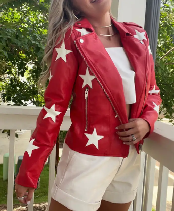 Battle Camp S01 Polly Brindle Leather Star Red Biker Jacket - Image 3
