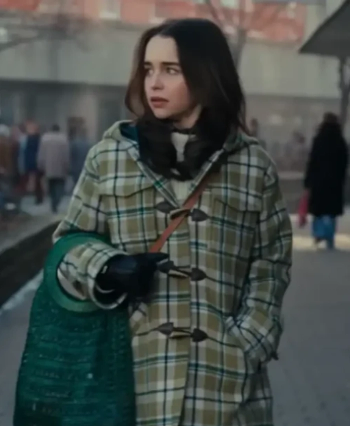 Bea Ponies 2026 Emilia Clarke Plaid Wool Duffle Hooded Coat