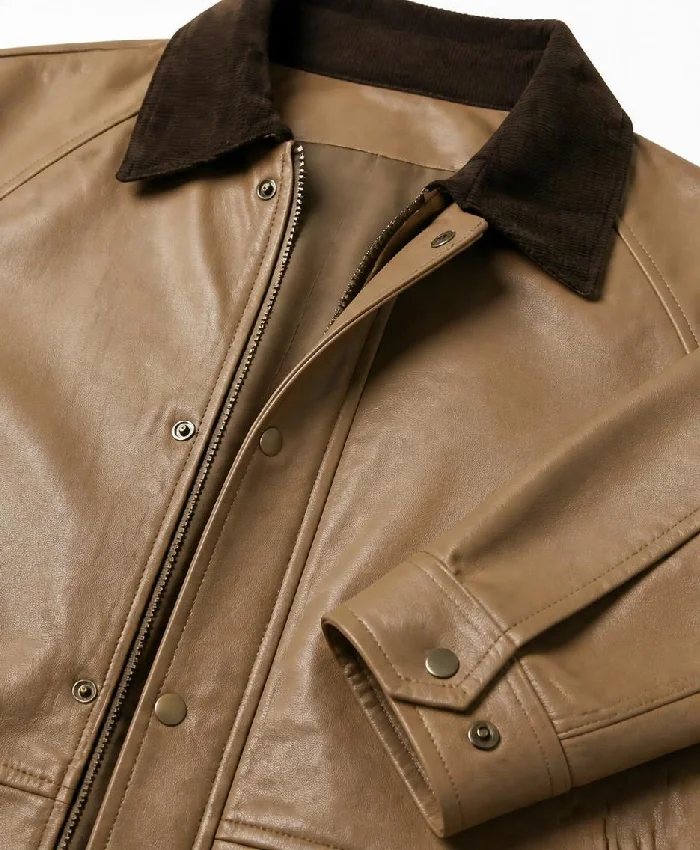 Beige Leather Barn Jacket with Raglan Sleeves Men