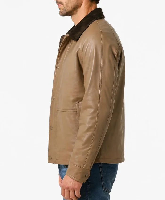 Beige Leather Barn Jacket with Raglan Sleeves Mens