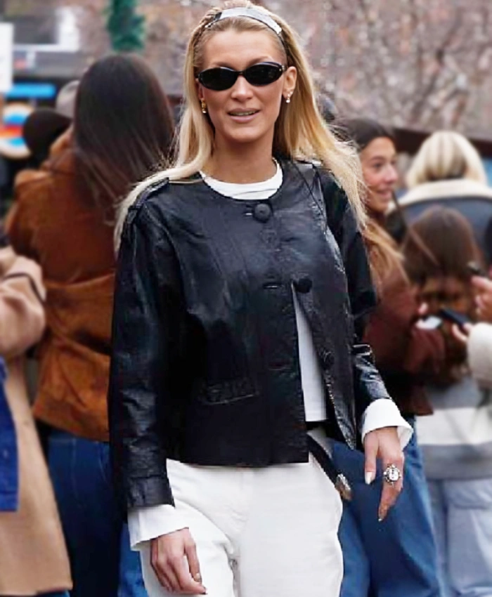 Bella Hadid Black Crop Leather Jacket