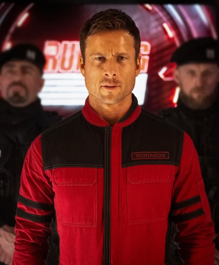The Running Man 2025 Glen Powell Red Jacket