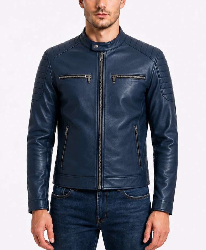 Mens Biker Cafe Racer Slimfit Blue Leather Jacket