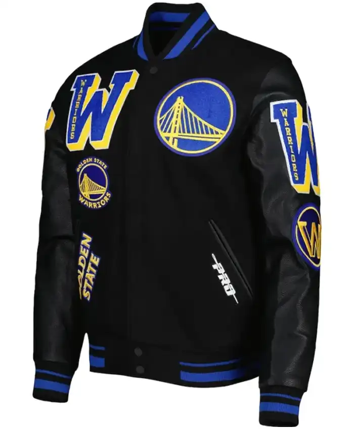 Black And Blue Warriors Varsity Jacket Front