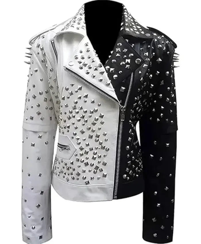 Black And White Studded Biker Leather Jacket