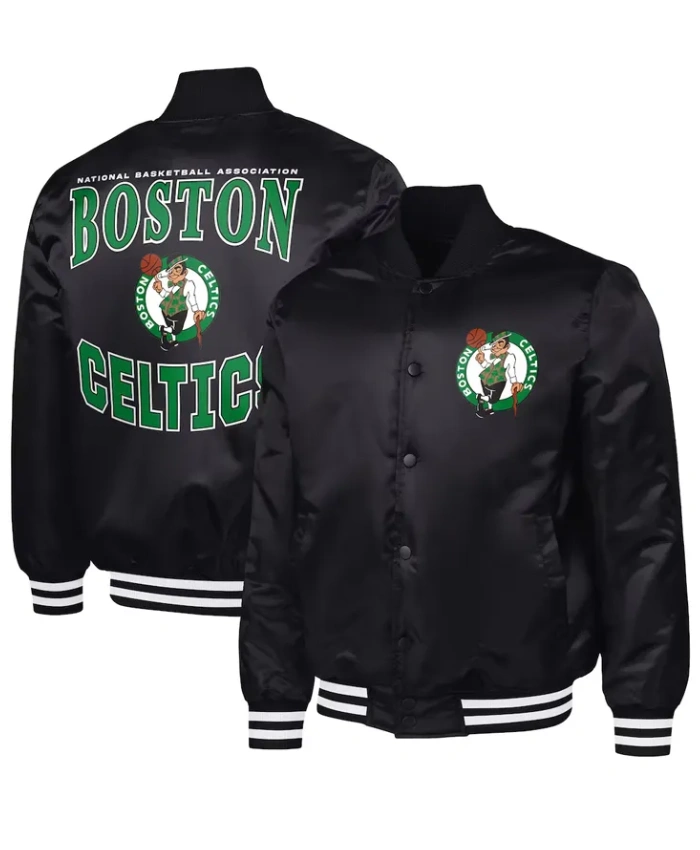 Black Boston Celtics Adaptive Bold Logo Varsity Full Snap Satin Jacket