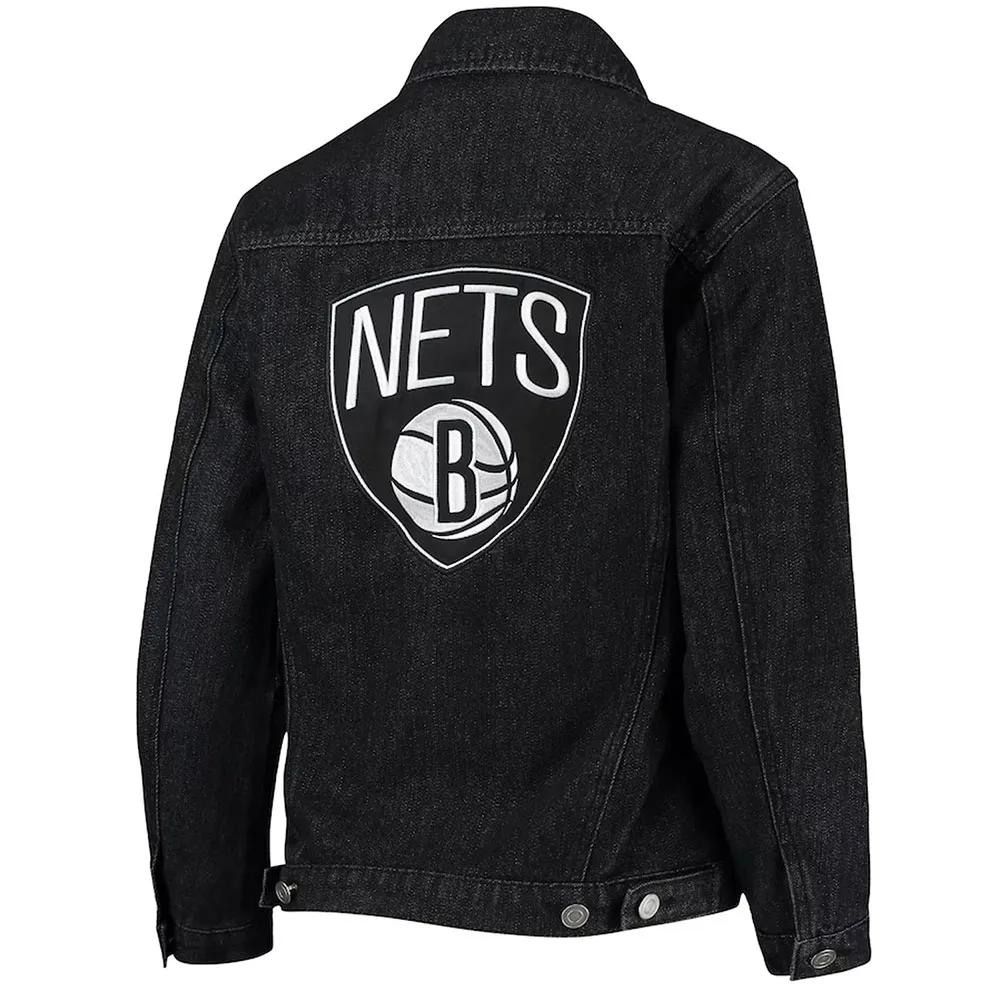 Black Brooklyn Nets Patch Button Up Denim Jacket Back