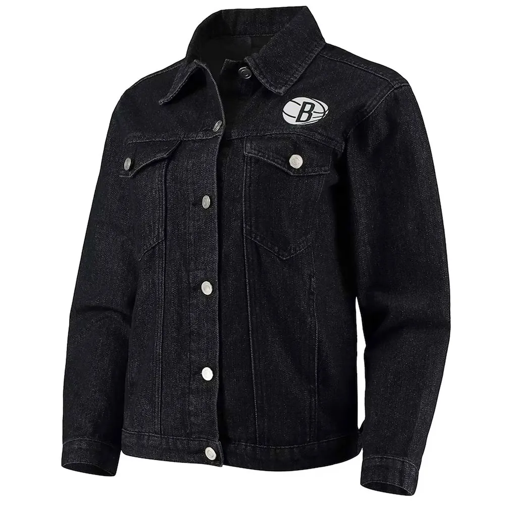 Black Brooklyn Nets Patch Button Up Denim Jacket