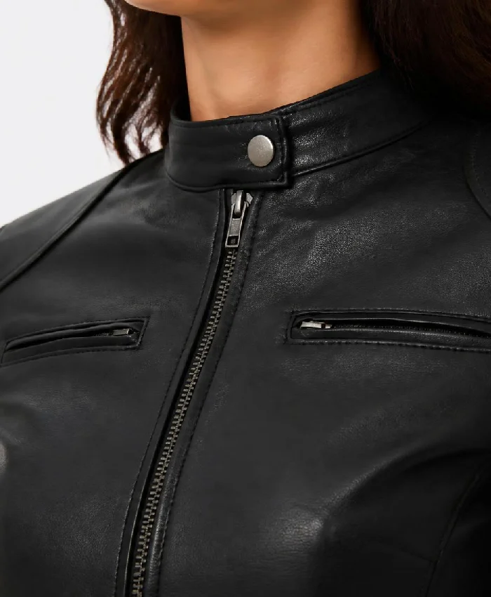 Black Lambskin Leather Biker Jacket For Women