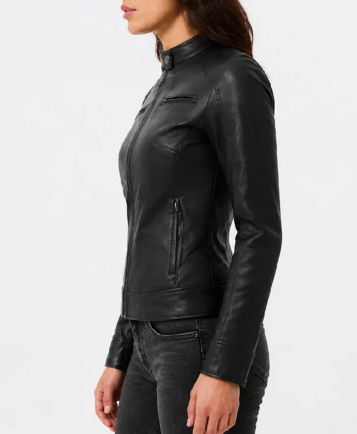 Black Lambskin Leather Biker Jacket For Womens