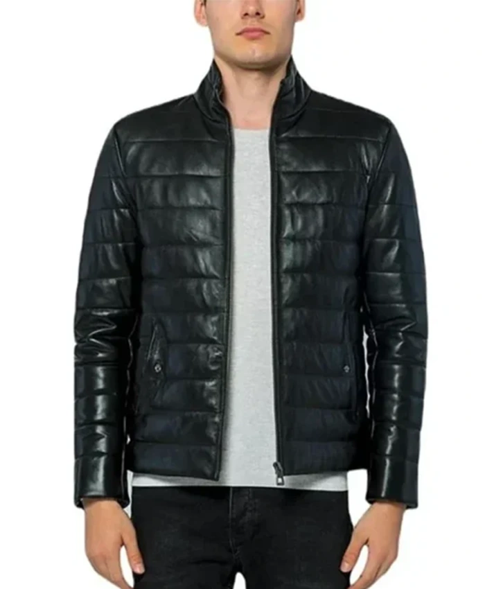 Black Leather Quilted Puffer Jacket