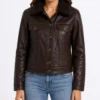 Women's Black Leather Trucker Shearling Collar Jacket