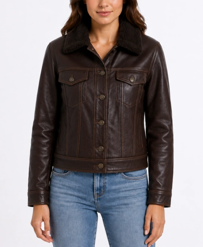 Women's Black Leather Trucker Shearling Collar Jacket