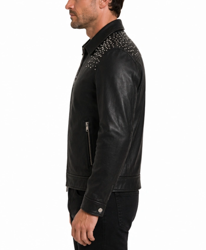 Black Studded Leather Jacket for Mens