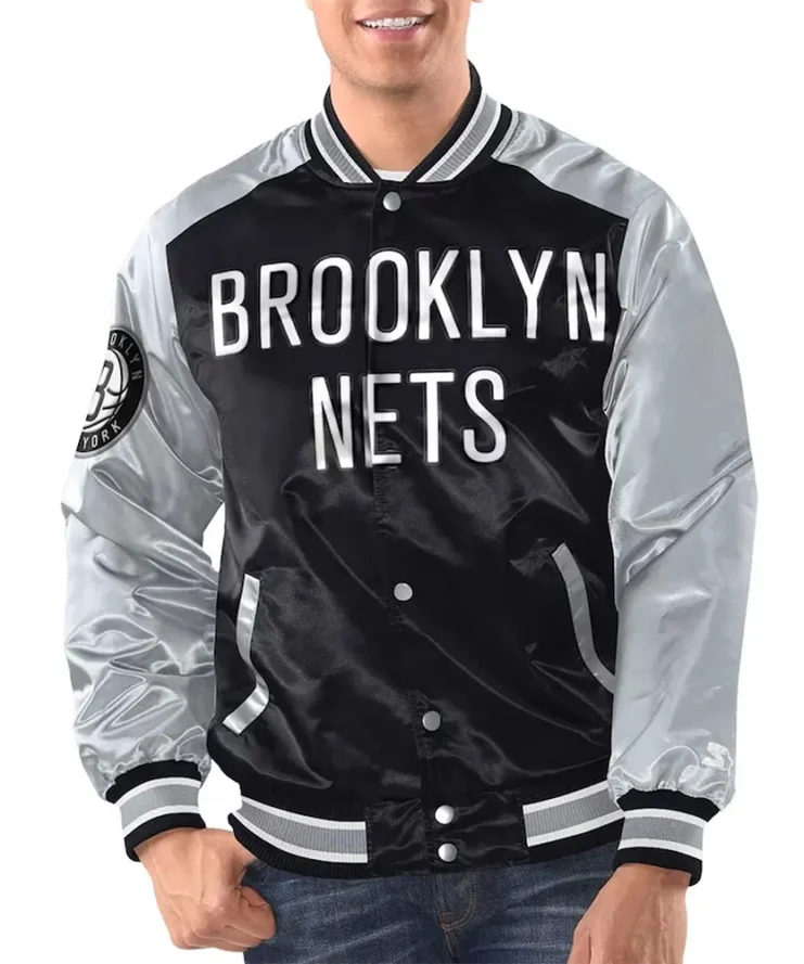 Black Silver Brooklyn Nets Renegade Varsity Satin Jacket