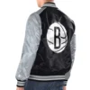 Black Silver Brooklyn Nets Renegade Varsity Satin Jacket Back