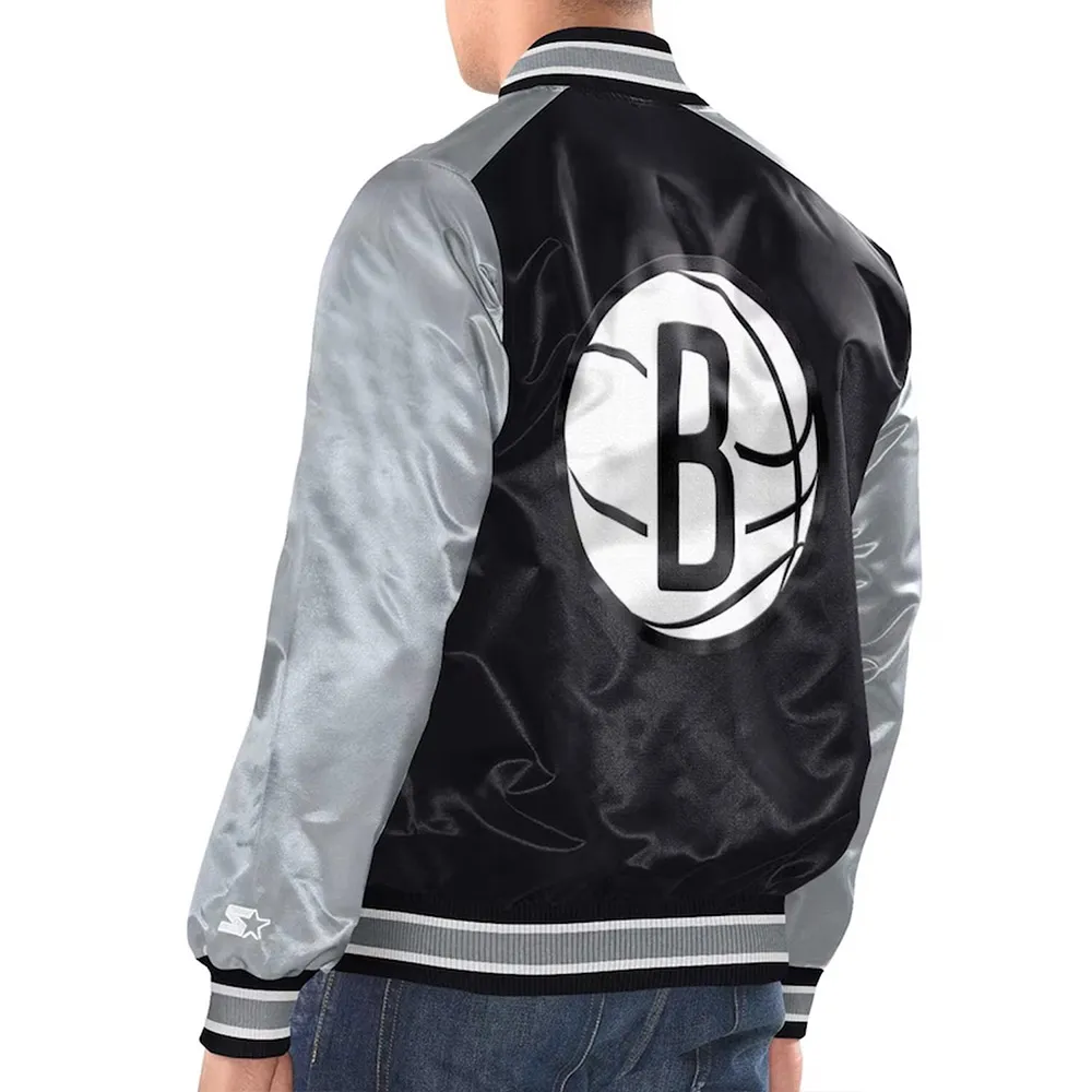 Black Silver Brooklyn Nets Renegade Varsity Satin Jacket Back