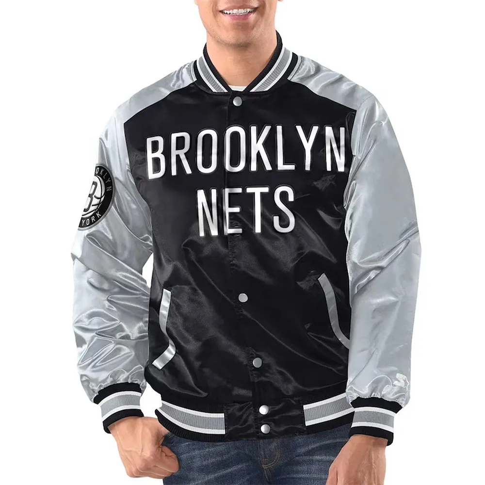 Black Silver Brooklyn Nets Renegade Varsity Satin Jacket