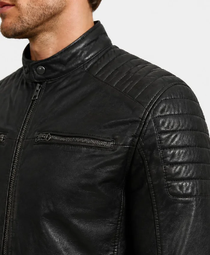 Black Washed Maroon Tone Cafe Racer Leather Jacket Men