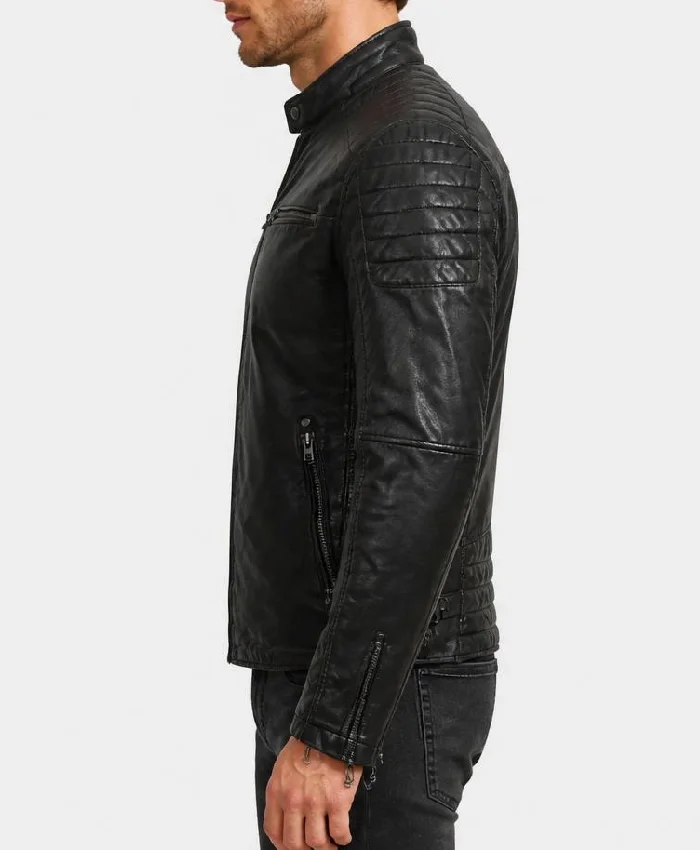 Black Washed Maroon Tone Cafe Racer Leather Jacket Mens