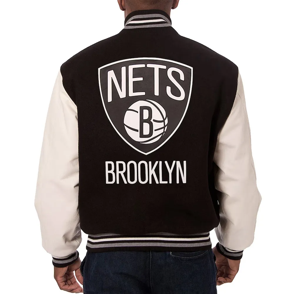 Black White Brooklyn Nets Varsity Jacket Back