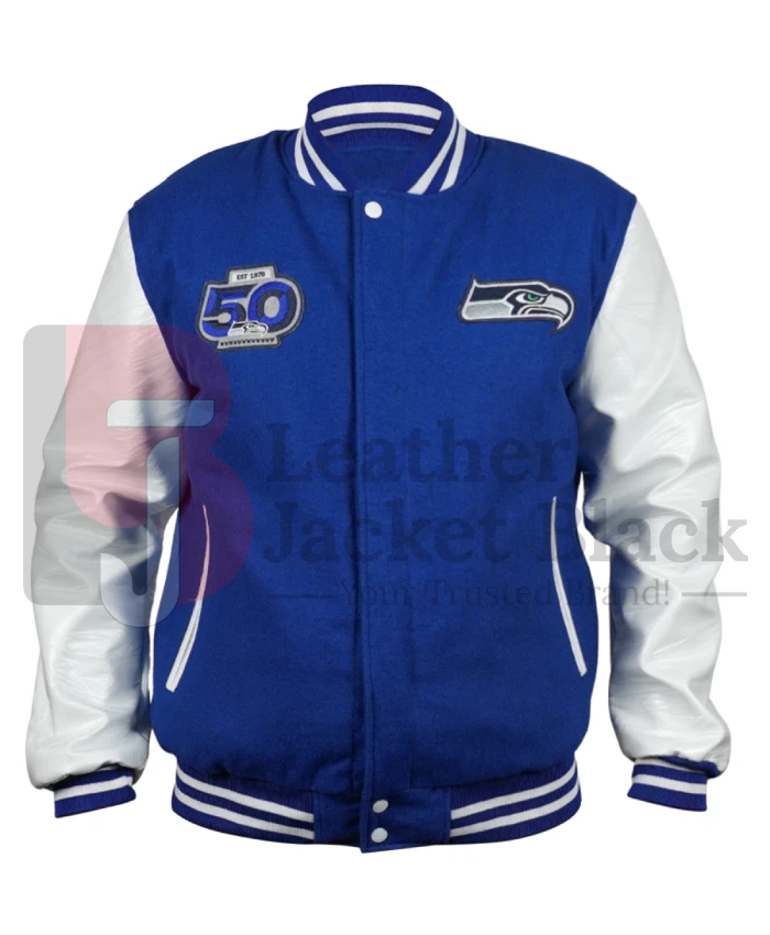 Blue And White Seattle Seahawks 50th Season Varsity Jacket
