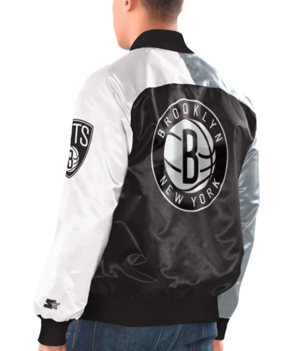 Bomber Brooklyn Nets Tricolor Satin Jacket Back
