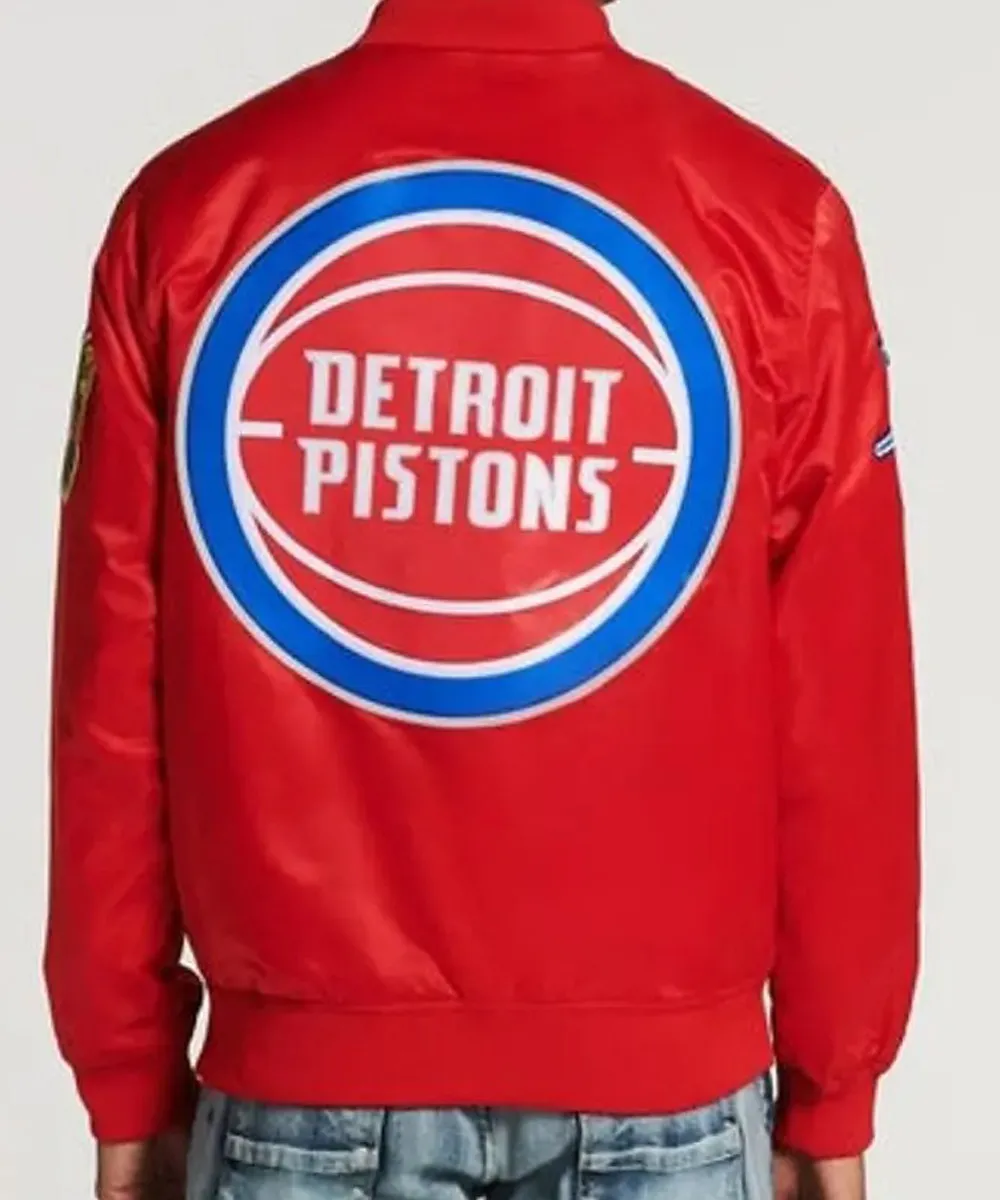 Bomber Detroit Pistons Red Black Satin Jacket Back