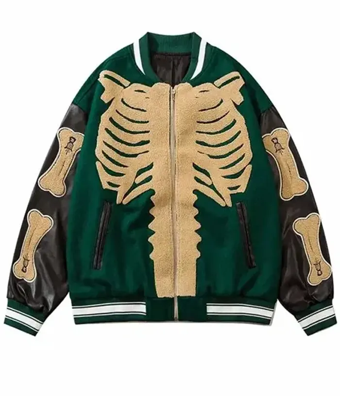 Bones Harajuku Skeleton Green Leather Jacket
