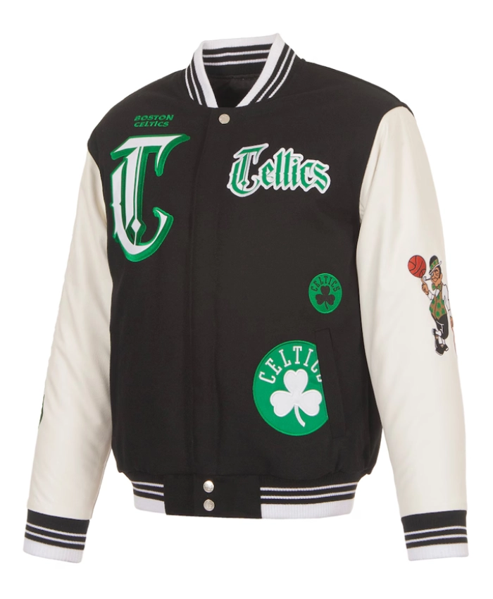 Boston Celtics Gothic WoolLeather Black And White Varsity Jacket
