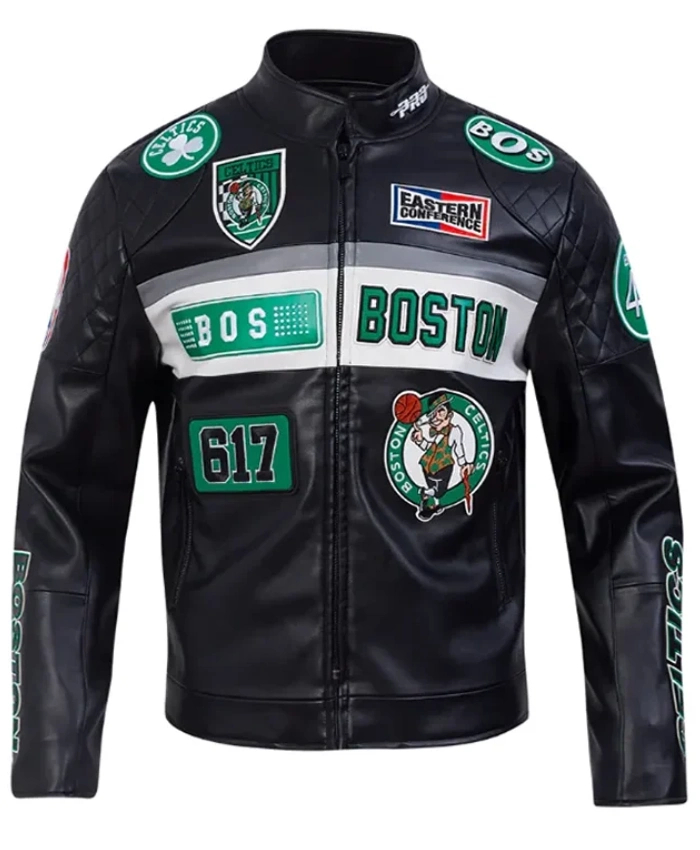 Boston Celtics Motorcycle Full Zip Black Leather Jacket