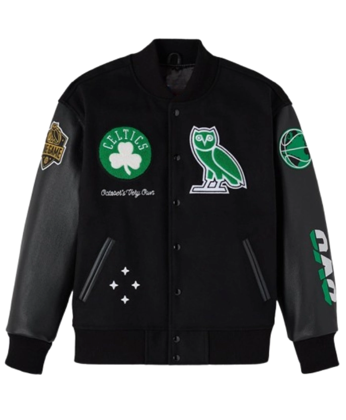 Boston Celtics OVO Wool And Leather Full Snap Black Varsity Jacket