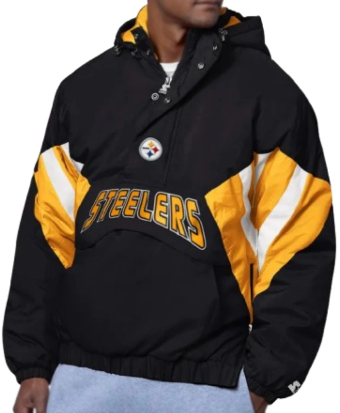 Breakaway Crinkle Popover Line Up Pittsburgh Steelers Half Zip Black Hooded Jacket