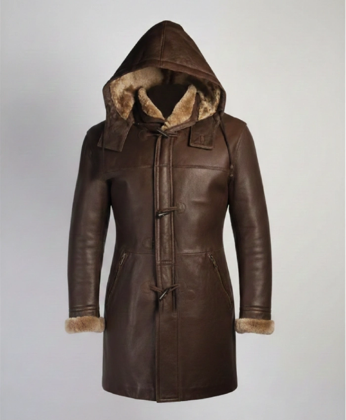 Brent Hook Closure Chocolate Brown Hooded Leather Coat