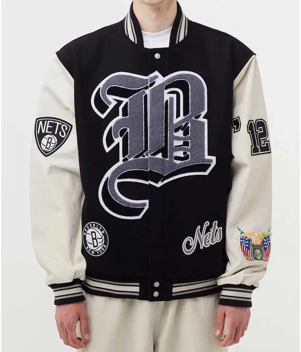 Brooklyn Nets 12 Letterman Black Wool And Leather Jacket