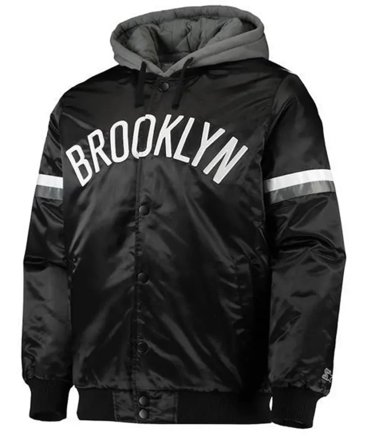 Brooklyn Nets Black Satin Jacket With Gray Hood