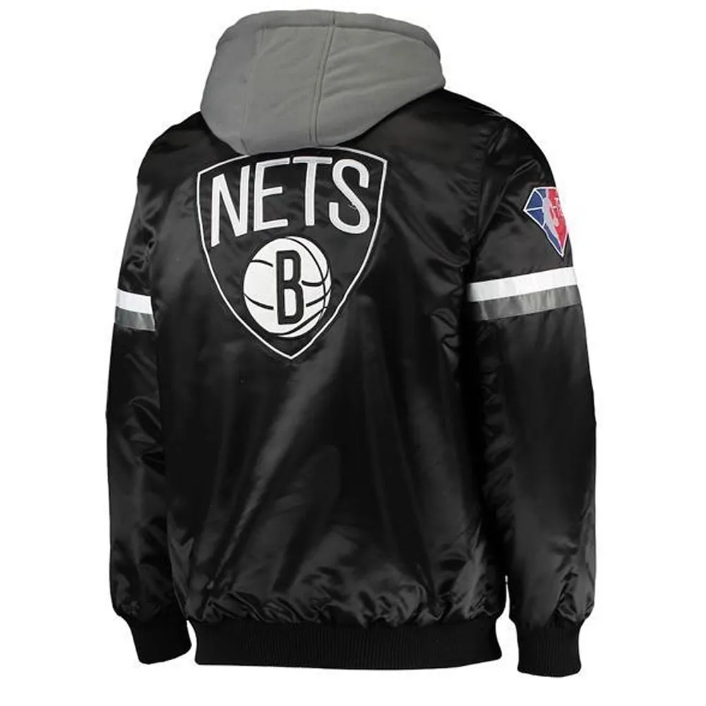 Brooklyn Nets Black Satin Jacket With Gray Hood Back