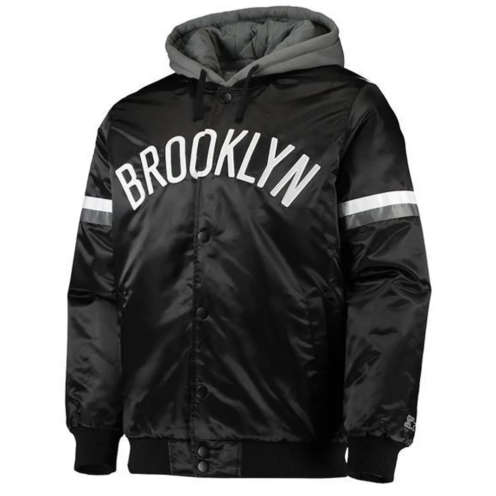 Brooklyn Nets Black Satin Jacket With Gray Hood