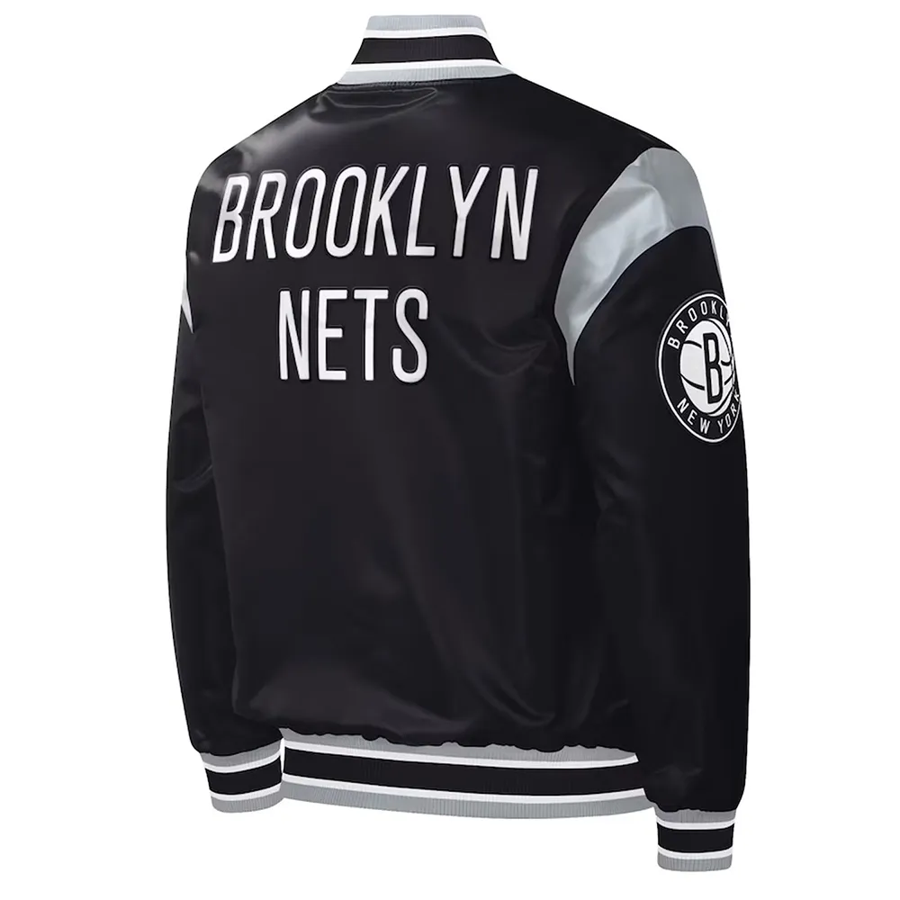 Brooklyn Nets Force Play Varsity Black Satin Jacket Back