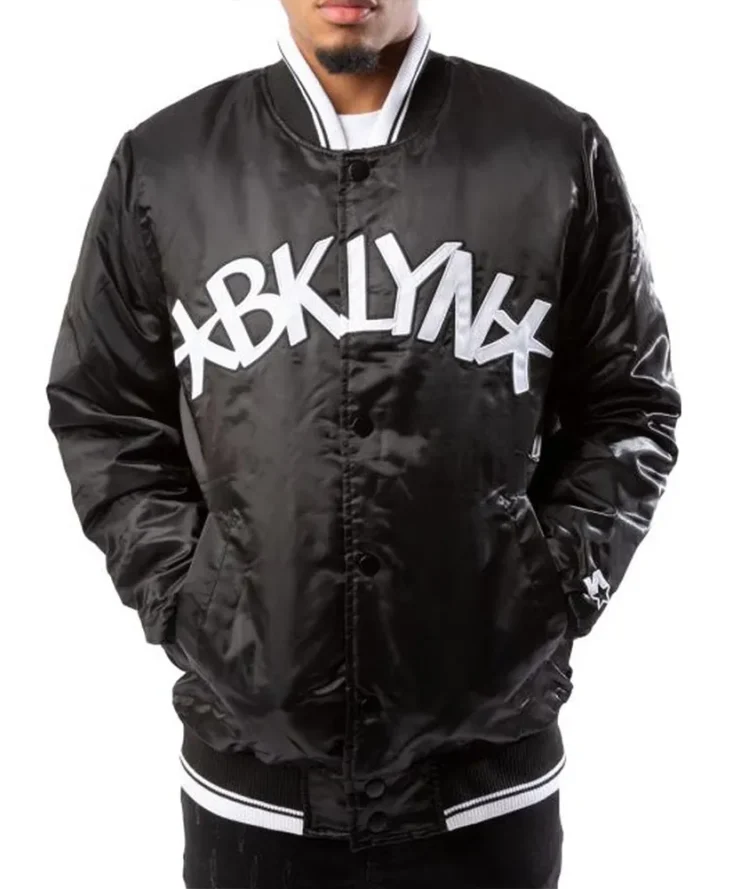 Brooklyn Nets Full Snap Bomber Black Jacket