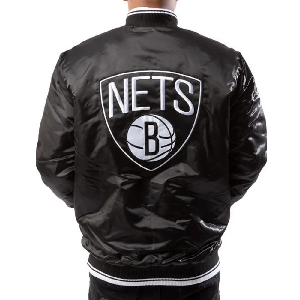 Brooklyn Nets Full Snap Bomber Black Jacket Back