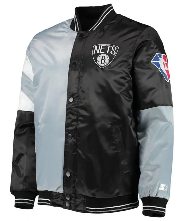 Brooklyn Nets Leader Satin Gray Black Color Block Jacket