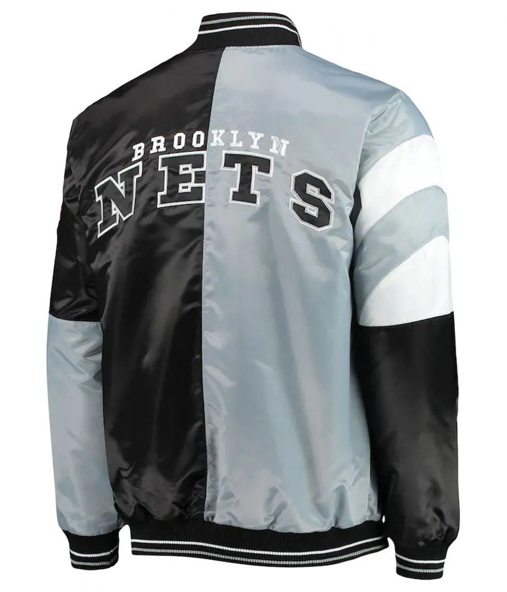 Brooklyn Nets Leader Satin Gray Black Color Block Jacket Back