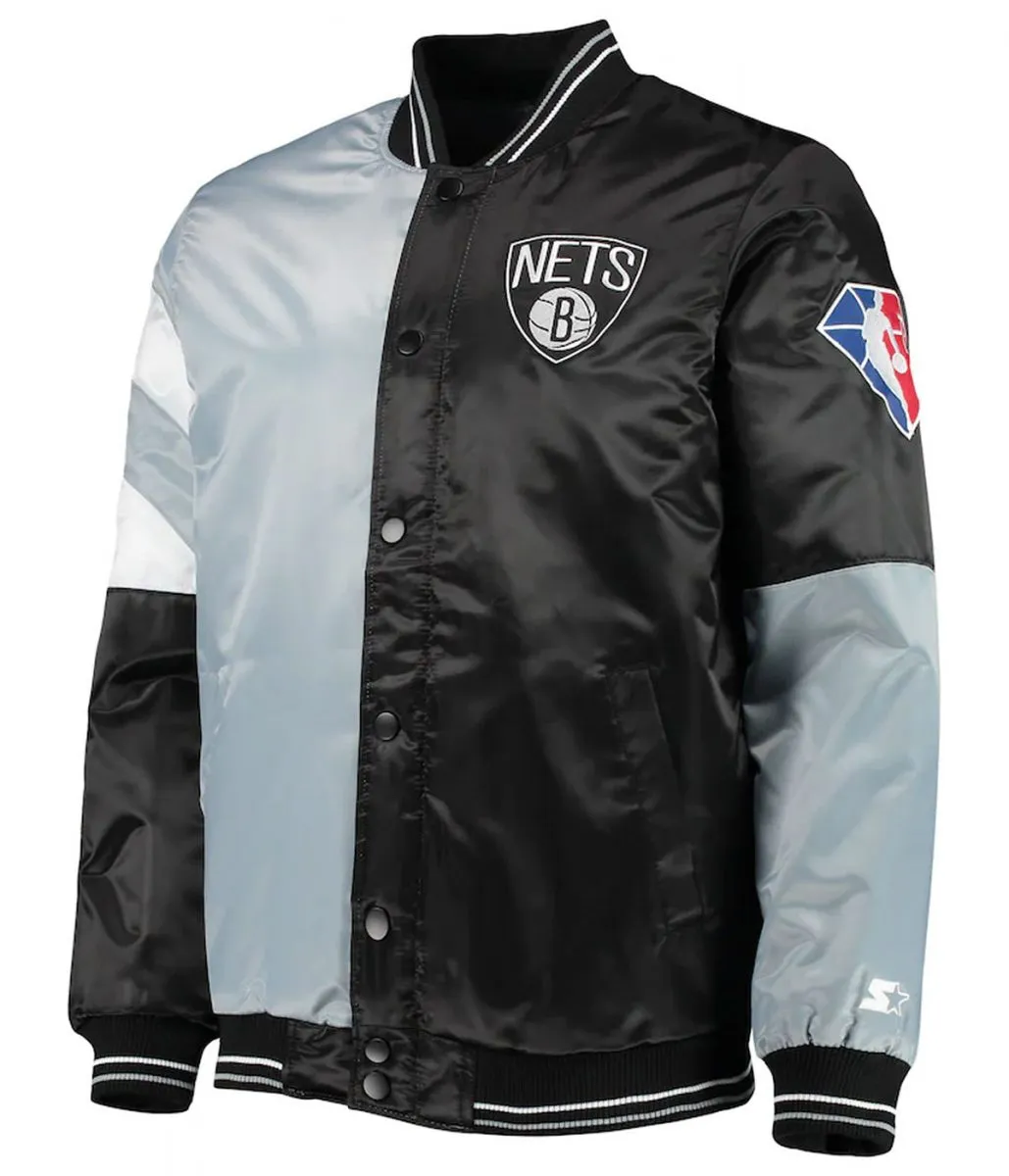 Brooklyn Nets Leader Satin Gray Black Color Block Jacket